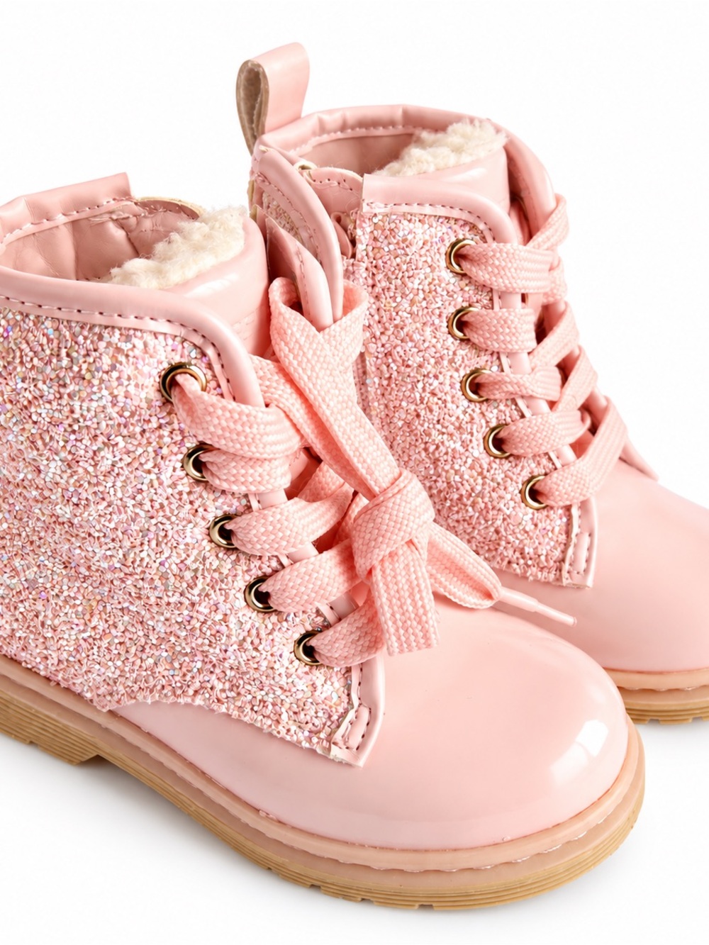 Girls Pink Glitter Lace-Up Fashion Ankle Boots Lined with Faux Fur